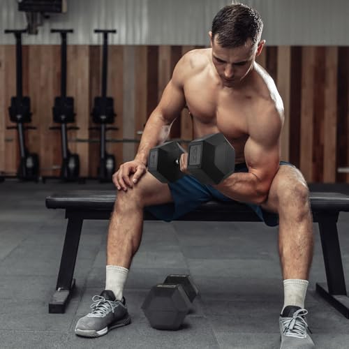 LIFERUN Rubber Grip Dumbbells Rubber Coated Cast Iron, with Anti-Slip Hex Black Dumbbell, Free Weights Dumbbell Set, 60lb/ 65lb/ 70lb/ 75lb dumbbell Single - style: 60lb