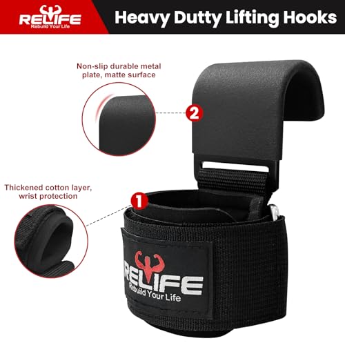 RELIFE REBUILD YOUR LIFE Lifting Hooks for Men and Women(Pair) | Pull Up Straps , Gym Reapers Lifting Wrist Grips, Heavy Powerlifting, Lifting Hooks for Weight Lifting