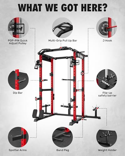 RH01 Power Cage Rack, 2000LBS Squat Rack with with Cable Crossover System&LAT Pull Down System, Multi-Function Workout Cage for Home&Garage Gym - color: Red, size: RH01 Power Cage
