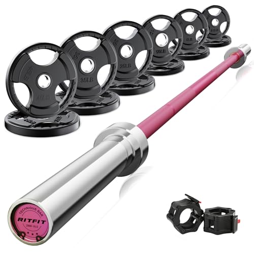 RitFit Barbell Weight Set - 4/6FT Olympic Barbell with Weight Plates (55-115LB Total) - Weightlifting Equipment for Squats, Curls, Deadlifts, Presses, Hip Thrusts - color: Pink, size: 6FT With 245LB Plates