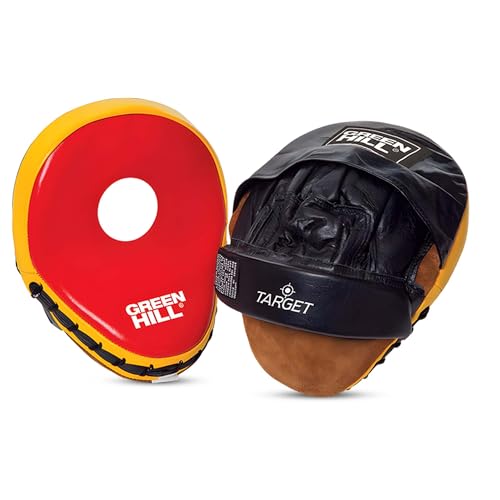 Green Hill Curved Boxing Focus Mitts for MMA, Muay Thai & Boxing - color: RED/YELLOW/BLACK