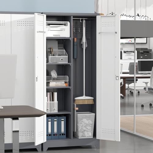 IRONFFICE Metal Storage Cabinets with Doors and Shelves,Tall Broom Closet Storage Cabinet with Pegboard,Utility Tool Cabinets,Steel Locking Cabinets for Home Office,Basement,Laundry,Grey-White - size: 72"H x 31.5"W x 15.74"D-Grey/white