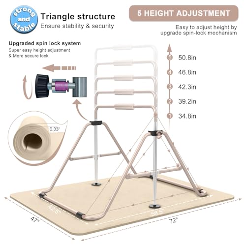 Tepemccu Gymnastics Bars, Adjustable Gymnastic Horizontal Bars for Kids | 5-Height Adjustable 34.8"-50.8", Foldable for Home Training, Include Children Gymnastics Rings and Bar Pad, Indoor Outdoor - color: Beige with mat
