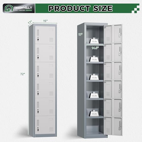 Greenvelly 72" Locker, Metal Lockers for Employees with 6 Doors and Keys, 6-Tiers Lockable Steel Storage Locker for Gym,School,Office,Sports,Card Slots,Vents(Grey White) - color: Grey White, size: 6 Doors