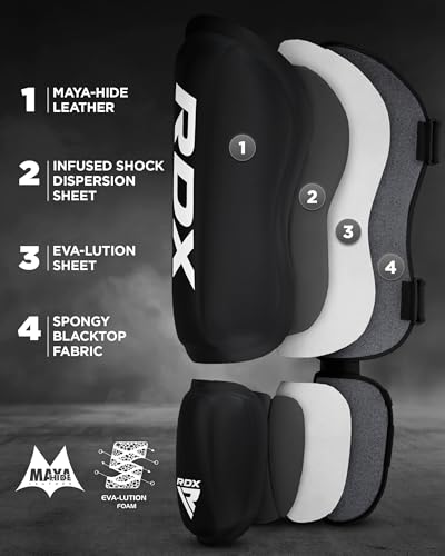 RDX Shin Guards Kickboxing Muay Thai, SATRA SMMAF Approved, Premium Maya Hide Leather, Leg Instep Protection Pads, MMA Martial Arts Kicking Sparring Training Gear, BJJ Karate Boxing Taekwondo, Black - color: Black, size: Medium