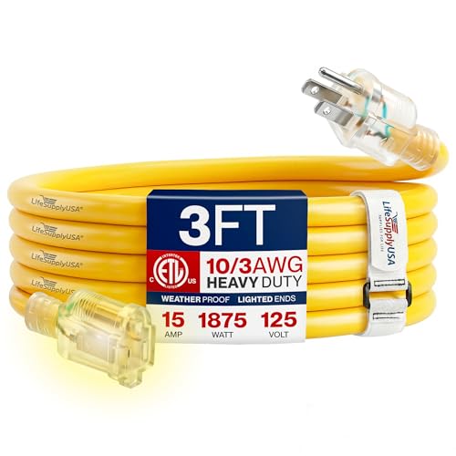 3ft Outdoor/Indoor Extension Cord 10/3 Gauge Ultra Heavy Duty 3 Prong SJTW, Waterproof, ETL Listed, Flexible Cold-Resistant Long Power Cord,15A 125V 1875W, Yellow by LifeSupplyUSA - color: Yellow, size: 3 FT, style: 10 Gauge (ULTRA HEAVY DUTY)