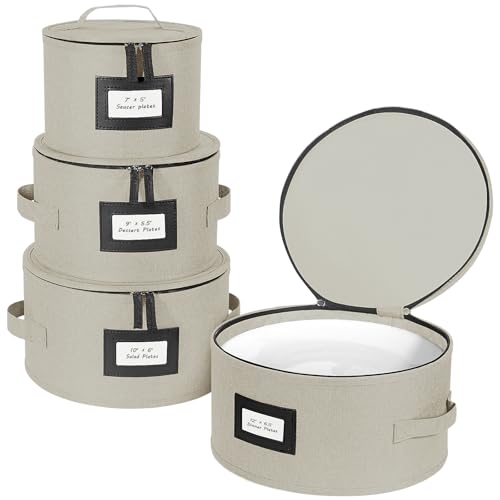 BALEINE China Storage Containers, Sturdy Quilted Wine Glass Storage, Plate Organizer with Carry Handles, Moving Boxes for Dishes, Cups, Mugs and Stemware (Plate, Hard Shell Cream) - color: Cream, style: Plate-Hard Shell