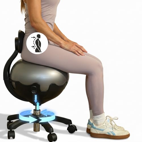 Aeromat Elite Yoga Ball Chair Active Sitting & Adjustable Height 250lbs Cap | Lockable Wheels, Ergonomic Desk Chair, Anti-Burst Removable Ball. Posture Strengthening, & Core Relief, for Office & Home Use - color: Grey