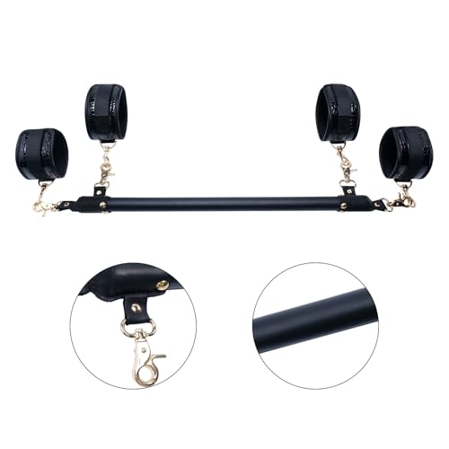Wooden PU Spreader Bar with 4pcs PU Adjustable Straps,Workout Bar for Home Gym Training Bar,Portable Detachable Pilates Kit - style: Black+Crocodile Black Kit