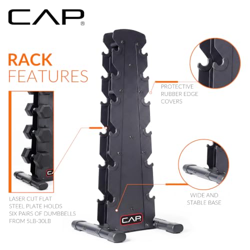 CAP Rubber Coated Hex Dumbbell Set with Storage Rack | 100–210 lb Options, Space-Saving Vertical Compact Storage for Home Gym Strength Training - size: 210 lb - Set - Black Rack, style: Comfort Handle