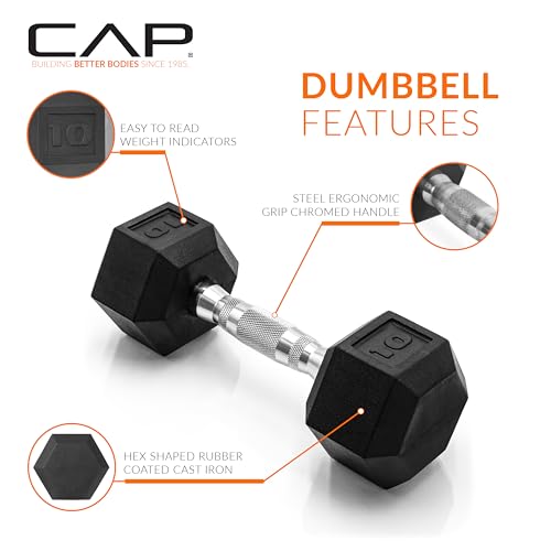 CAP Rubber Coated Dumbbell Weights, Free Weights for Home Gym Strength Training, Anti-Roll Hex Dumbbells with Black, Chrome & Comfort Grip Handles, Singles - size: 10 lb, style: Chrome Handle