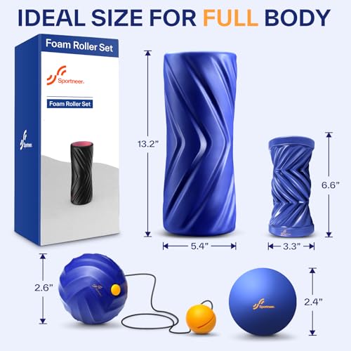 Sportneer 4 in 1 Pilates Foam Roller Muscle Relax Kit | with 2 Textured Foam Rollers Stringed Exercise Ball, Lacrosse Ball for Muscle Shoulder Back Leg Whole Body Relax Fitness Yoga - color: Blue