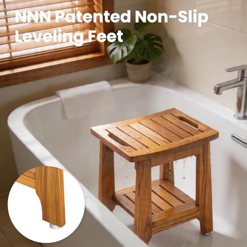 14" Compact Teak Shower Stool with Shelf & Handle - Waterproof, Non-Slip Bath Bench for Small Bathrooms/Tub/Outdoor Use, 300 lbs Capacity (Patented) - size: 14"W x 10" Dx 17"H