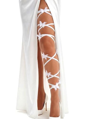 Rave Leg Wrap Butterfly Lace Rhinestone Non-Slip Elastic Legging Gothic Festivals Coachella Outfits for Women - color: White a