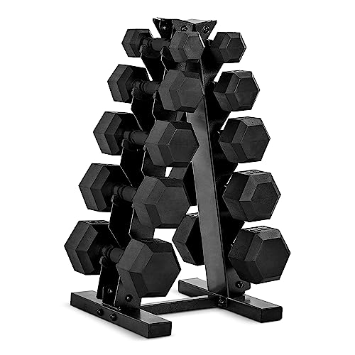 CAP Rubber Coated Hex Dumbbell Set with Storage Rack | 100–210 lb Options, Space-Saving Vertical Compact Storage for Home Gym Strength Training - size: 150 lb - Set, style: Black Handle