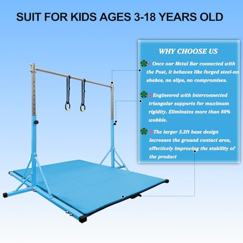 Gymnastics Bar for Kids Girls Ages 3-15 with Ring for Home Indoor Training Equipment- Steady Steel Construction, Anti-Slip, Easy to Assemble, 3' to 5' Adjustable Height - color: TEAL, size: 4.8FT, style: FOLDABLE BAR WITH MAT&RING