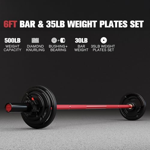 RitFit Barbell Weight Set - 4/6FT Olympic Barbell with Weight Plates (55-115LB Total) - Weightlifting Equipment for Squats, Curls, Deadlifts, Presses, Hip Thrusts - color: Black/Red, size: 6FT With 35LB Plates