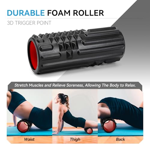 5 in 1 Foam Roller Set, High Density Patented Exercise Roller | Deep Tissue Massage Roller Stick, Massage Ball, Resistance Band for Pilates, Yoga, Whole Body Fitness Exercise, Black - color: Black