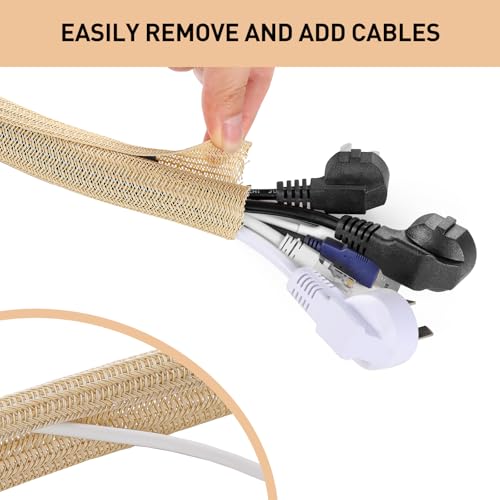 AGPTEK Cable Sleeve, 2 Pack 5ft - 1.2 Inch Cable Management, Desk Cord Cover Organizer Wire Hider for Office Computer TV Wire Loom Tubing, Pet Proof Cord Protector from Cat Dog Chewing, Wood Color - color: Wood Color, size: 1.2"-10ft