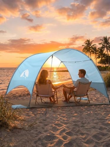 Beach Umbrella with UPF 50+ UV Protection, Portable Beach Tent Canopy with 360° Ventilation, 4 Sandbags, Wind Ropes & Stakes, Storage Pockets for Beach, Travel, Backyard (4)