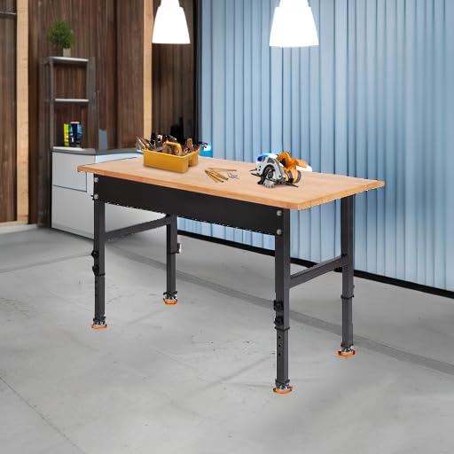 48" Adjustable Work Bench, Rubber Wood Top Workbench | Heavy-Duty Work Table, 2000 LBS Load Capacity Hardwood Work Benches for Garage, Workshop, Home, Office, Easy Assembly - size: 48