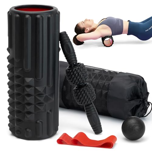 5 in 1 Foam Roller Set, High Density Patented Exercise Roller | Deep Tissue Massage Roller Stick, Massage Ball, Resistance Band for Pilates, Yoga, Whole Body Fitness Exercise, Black - color: Black