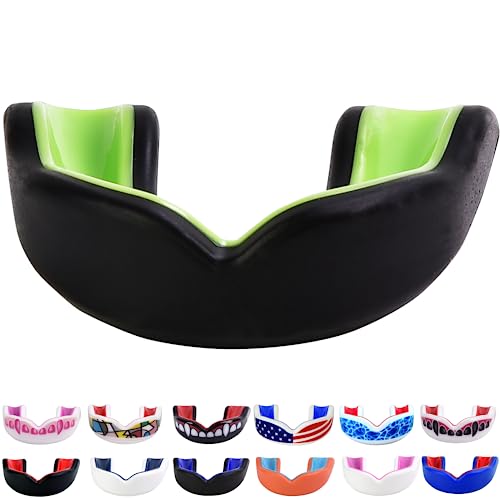 Oral Mart Youth Sports Mouth Guard for Kids (USA Flag, Fangs, 20+ Colors to Choose from) Mouthguard for Football, MMA, Karate, Boxing, Rugby, BJJ, Flag Football – /w Case (Youth, Strapless) - color: Black / Green