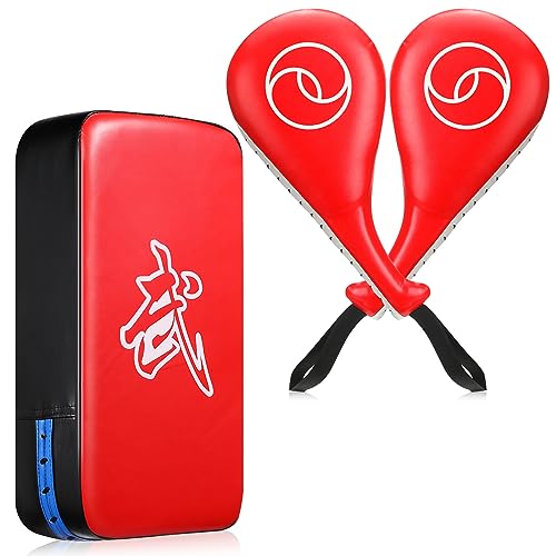 Poen 3 Pcs Taekwondo Kick Pads Muay Thai MMA Karate Sparring Gear Martial Arts Kickboxing Training Pads Punching Striking Target Equipment PU Leather Paddles Strike Curved Kick Shield - color: Red