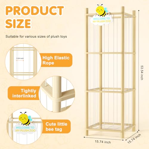 Stuffed Animal Storage Zoo Organizer Natural Pine Plushies Storage with Elastic Bands Vertical Wood Toy Holder Mesh Net Space Saving Design for Playroom Nursery Kids Bedroom - color: Wood Color Bee（yellow Bee Board）