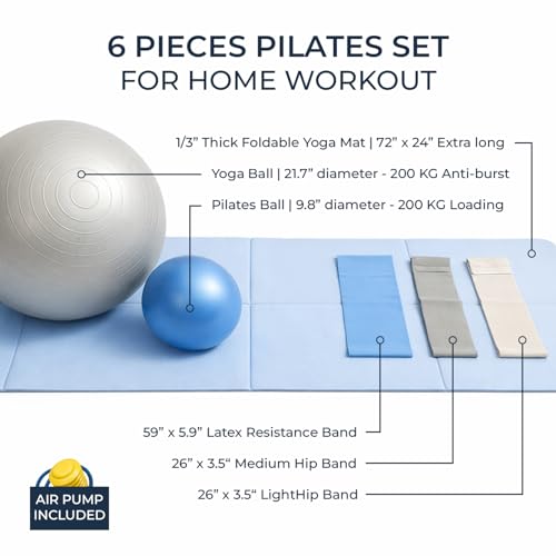 Foldable PILATES MAT with 3 Resistance Bands Set, Pilates Ball & Yoga Ball — 6-Piece Pilates Kit, Extra Thick Workout Mat, Air Pump Included. At Home Workout Equipment for Women and Men