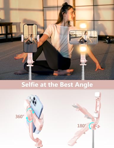 Selfie Stick with Light, 45'' Selfie Stick Tripod with Wireless Remote | Portable Travel Phone Tripod, Compatible with iPhone17/16/ 15 Pro Max/15/14, Samsung S22/ S23 Ultra/Android Smartphone (Pink) - color: Pink - 45" Standard Height