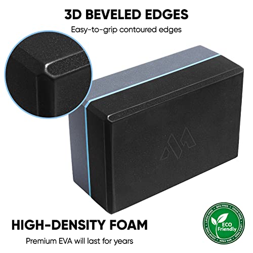 Millenti Gray Black Yoga Block Yoga Brick - Sold as Single EVA Foam Block, Bevelled Edge, Non-Slip, Latex-Free Block with a Workout Chart 9x6x4” - color: Blue