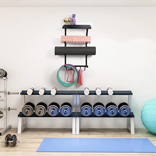 Yoga Mat Holder Wall Mount,17" x 28" Yoga Mat Rack Home Gym Accessories, Storage for Foam Roller, with Wood Floating Shelves for Hanging Yoga Strap and Resistance Bands - color: Vintage Black