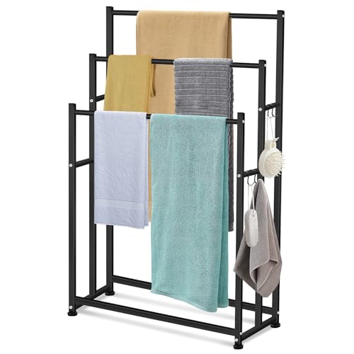 47.6 Inch Tall Free Standing Towel Racks 3 Tier Pool Towel Rack Outdoor Oversized Floor Bath Towel Drying Valet Holder Blanket Quilt Rack Stand for Bathroom Bedroom Beach Hot Tub Gym Pool Area Outside - color: Black