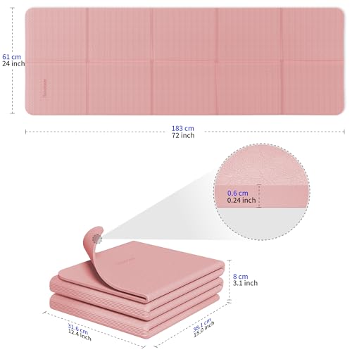 Readaeer Foldable Yoga Mat for Travel Folding Yoga Mat 6mm Thick with Carrying Bag, Non-Slip TPE Exercise Pilates Mat for 72" L x 24" W x 0.24 Inch | TPE Exercise Mat With Carrying Bag for Home Workout, Yoga, Pilates, Stretching - color: Pink