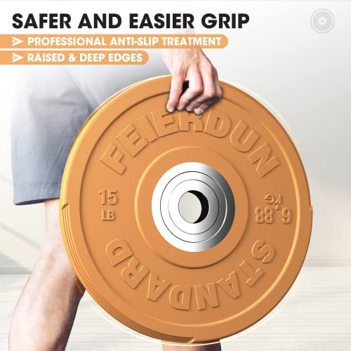 FEIERDUN Color Bumper Plate Set, 2-Inch Olympic Weight Plates, Low Bounce Rubber Barbell Plates with Stainless Steel Insert for Weightlifting, Strength Training, CrossFit & Home Gym, 10LB-370LB - style: B) 15LBS Pair