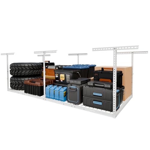 FLEXIMOUNTS 4x8 Overhead Garage Storage Rack, Adjustable Organization System, Heavy-Duty Metal Ceiling Racks, 750lbs Weight Capacity, White, Classic Series - color: White, size: 4x8 ft