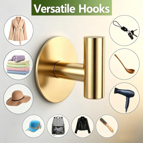 Gold Stainless Steel Wall Hooks, Heavy Duty Self-Adhesive Hooks for Coats, Towels, Robes, Hats, Aprons – No Drill Bathroom, Kitchen, Hotel (2 Pack) - color: Gold, size: Adhesive "T" Shape- 2 Pack
