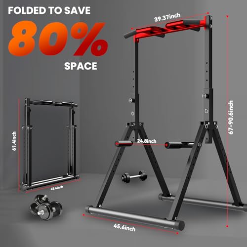 WATBKHE Power Tower Pull Up Dip Station Foldable, Pull Up Bar Station Adjustable, Multi-Function Home Gym, Strength Training Fitness Equipment, Triangular Design, for Home Outdoor - color: Black, Red-Multifunction Bar