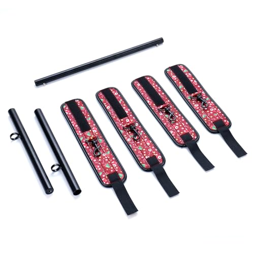 3 in 1 Heavy Duty Stainless Steel Expandable Spreader Bar with 4pcs PU Blue Adjustable Straps,Workout Bar for Home Gym Training Bar,Portable Detachable Pilates Kit - style: Black+Christmas Red Kit