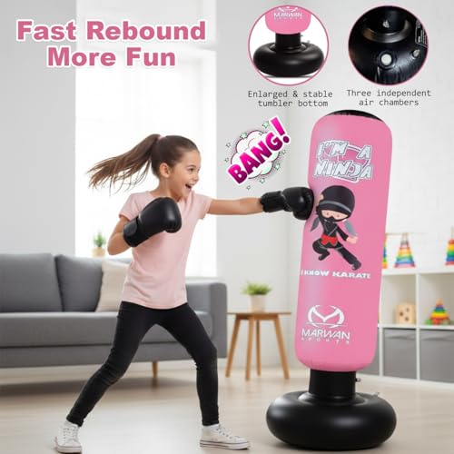 Marwan Sports Ninja Kids Punching Bag — Inflatable Sensory Toy & Birthday Gift for Boys & Girls Ages 4-12, 63" Freestanding 5-in-1 Kit, Indoor Apartment-Quiet Sensory-Friendly Active Play - color: Pink