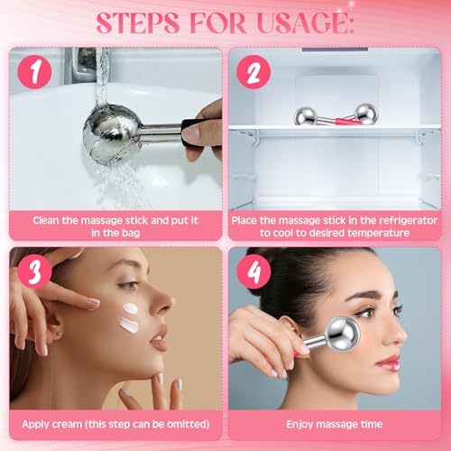 Baderke 2 Pcs Ice Globes for Face Stainless Steel Cooling Globes Unbreakable Cooling Roller Women Ice Balls Cryo Sticks Facials Skin Care for Dark Circles, Puffiness(Silver (Pink Handle)) - color: Silver (Pink Handle)