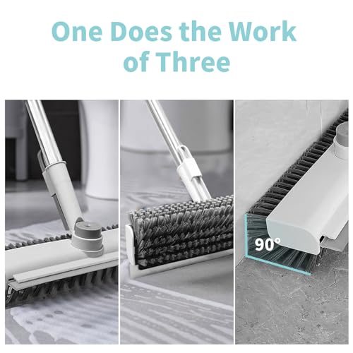 AIR U+ Floor Scrub Brush with Long Handle, 3-in-1 Rotating Head & Squeegee | Stiff Dual-Sided Bristle Scrubber for Shower, Bathroom, Kitchen and Patio, 30–50 In Handle for Easier Stand-up Cleaning - color: White, size: 1 PACK