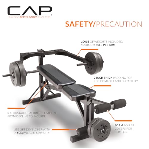 Cap Leverage Weight Bench with 100 LB Vinyl Weight Set, Adjustable Strength Training Bench with Leg Developer, Multi-Position Home Gym Bench Press with Vinyl Cement Plates & Spring Collars