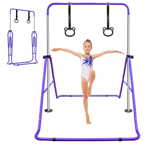 Gymnastics Bars for Kids with Rings, Junior Kip Training Bars Equipment for Home, Folding Height Adjustable Horizontal Bars - color: Purple