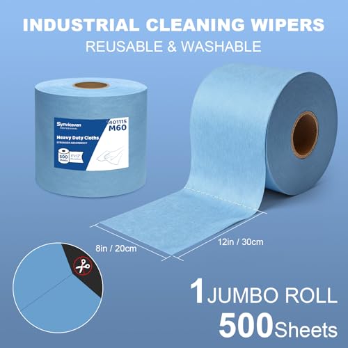 Jumbo Roll Industrial Cleaning Wipes, Super Absorbent Heavy Duty Cloths, Blue (1 Roll of 500 Sheets, 12"x 8" Each Sheet) - color: Blue
