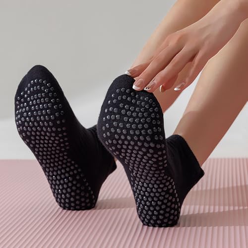 5 Pairs Pilates Socks with Grips for Women Non Slip Grip Yoga Crew Socks for Barre Hospital Barefoot - color: A - 5 Pairs Black