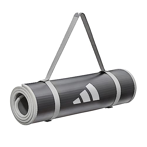 adidas 10mm Extra Thick Training Mat with Carrying Strap and Non-Slip Textured Base - Cushioned Workout Mat for Home Gym, Floor Workouts, and Intense Exercises - Portable and Durable - color: Grey