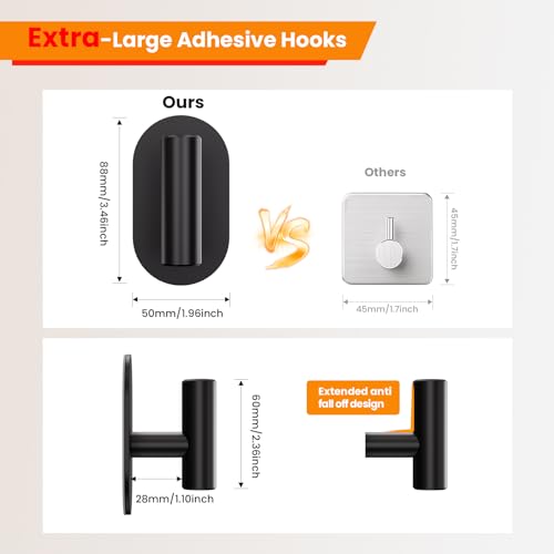 Aikzik Black Adhesive Hooks Heavy Duty, Wall Hooks for Shower, Bathroom, Towel, Coat, Robe, Stainless Steel Hooks for Hanging, Waterproof & Rustproof Sticky Hooks for Walls No Damage- 2 Pack - color: Black-2Pack