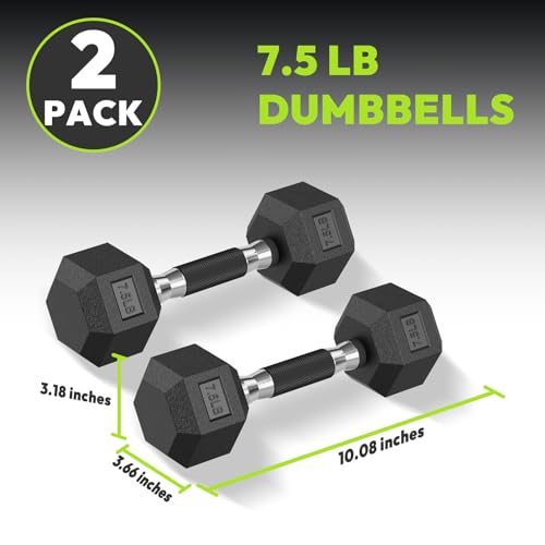 HANDBODE Rubber Encased Hex Dumbbell Pair, 2.5-65 lb | Non-Slip Handle Design for Secure & Comfortable Grip, Hand Weights for Strength Training, Fitness & Home Gym - size: 7.5 lb, Pair, style: Comfort Grip